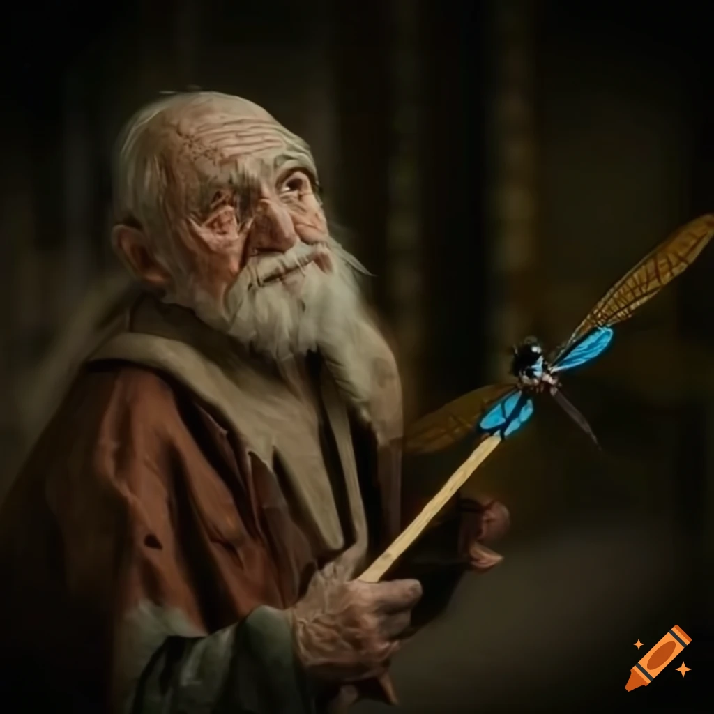 artistic depiction of an old man with dragonfly wings in a cathedral