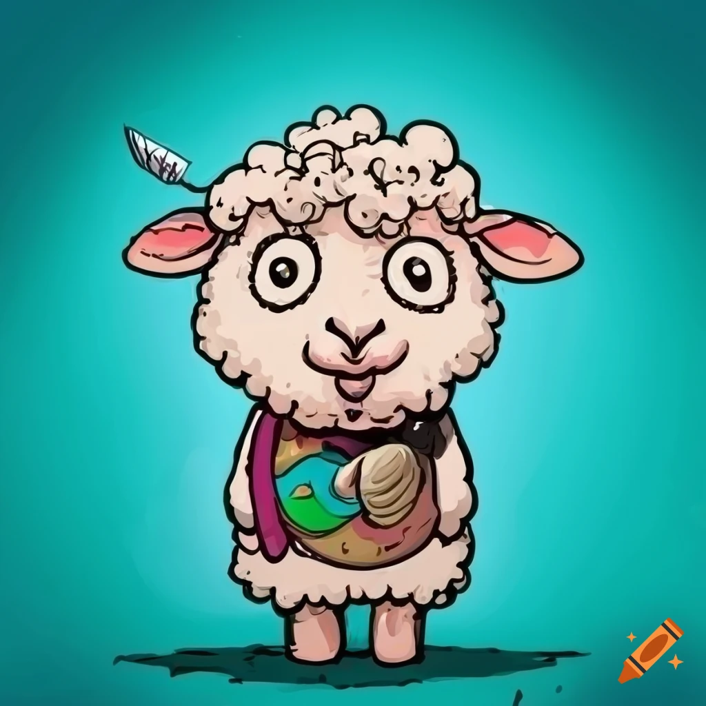 Comic illustration of a caring sheep with a paintbrush on Craiyon