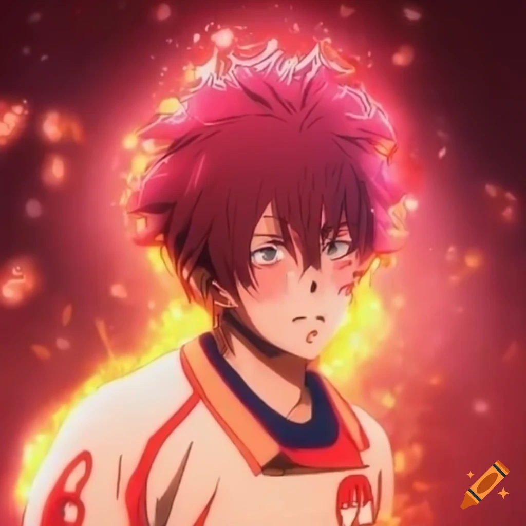 Anime footballer with red aura shooting at goal on Craiyon