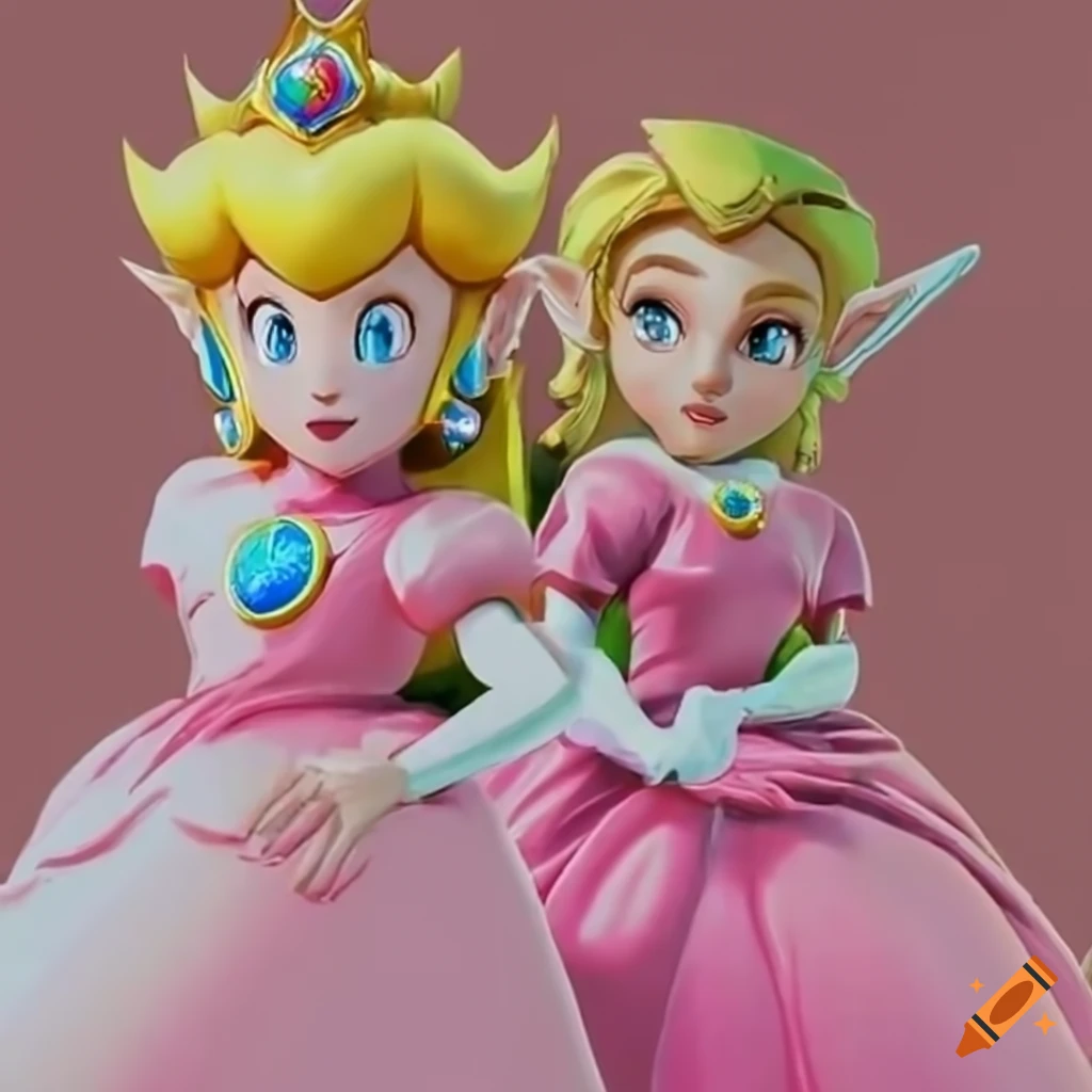 Cosplay of princess peach and link in pink ballgowns on Craiyon