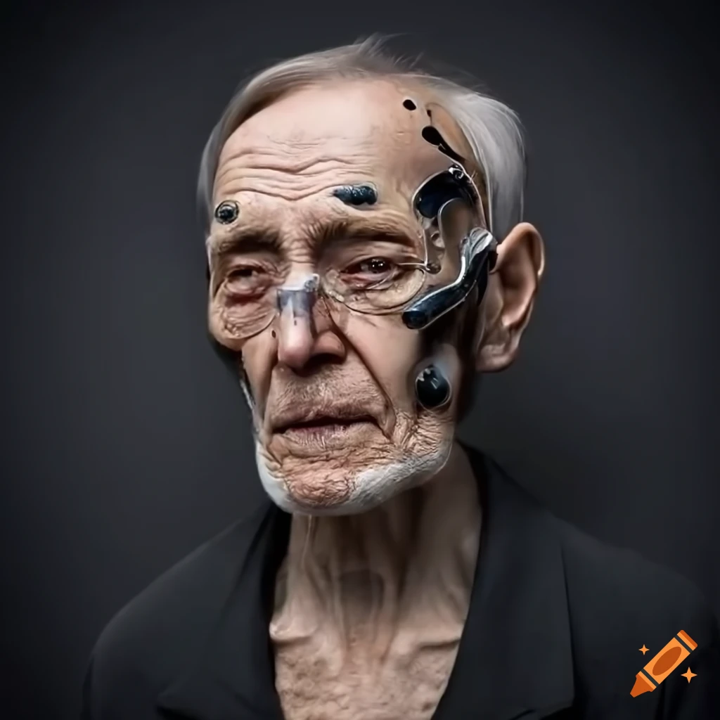 portrait of a handsome elderly cyborg with mechanical upgrades