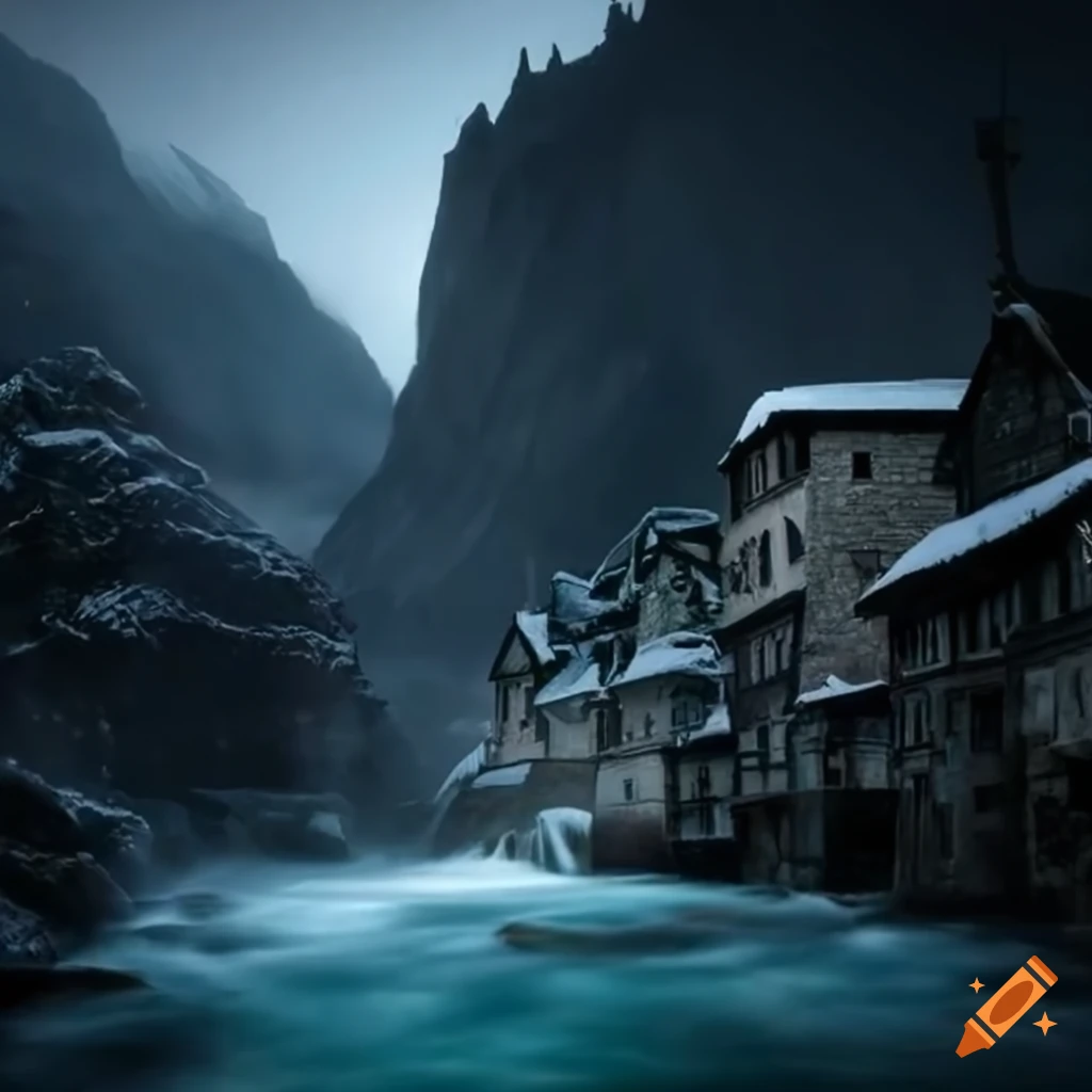 Medieval town beneath a mountain in the snow on Craiyon