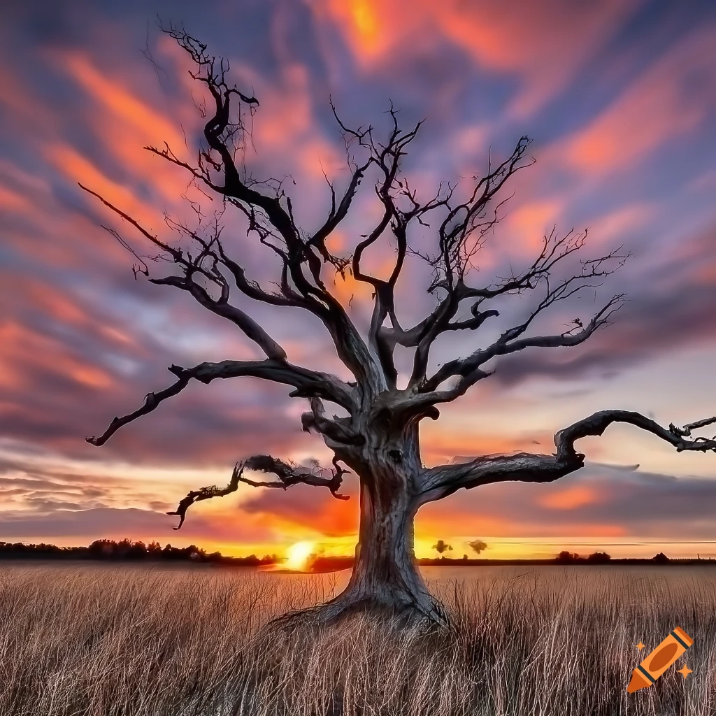 photograph of a dead oak tree in a field at sunrise