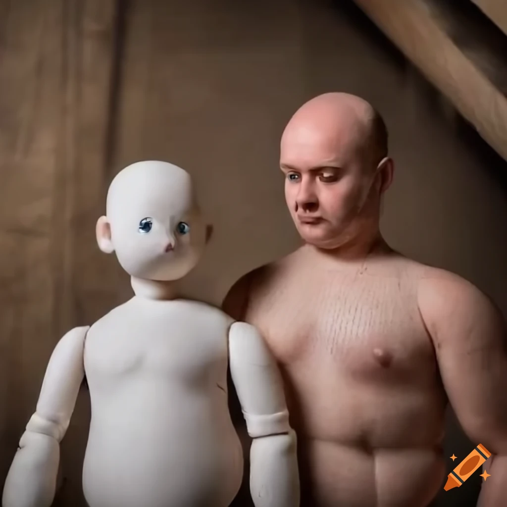 funny transformation of a man into a doll in an attic