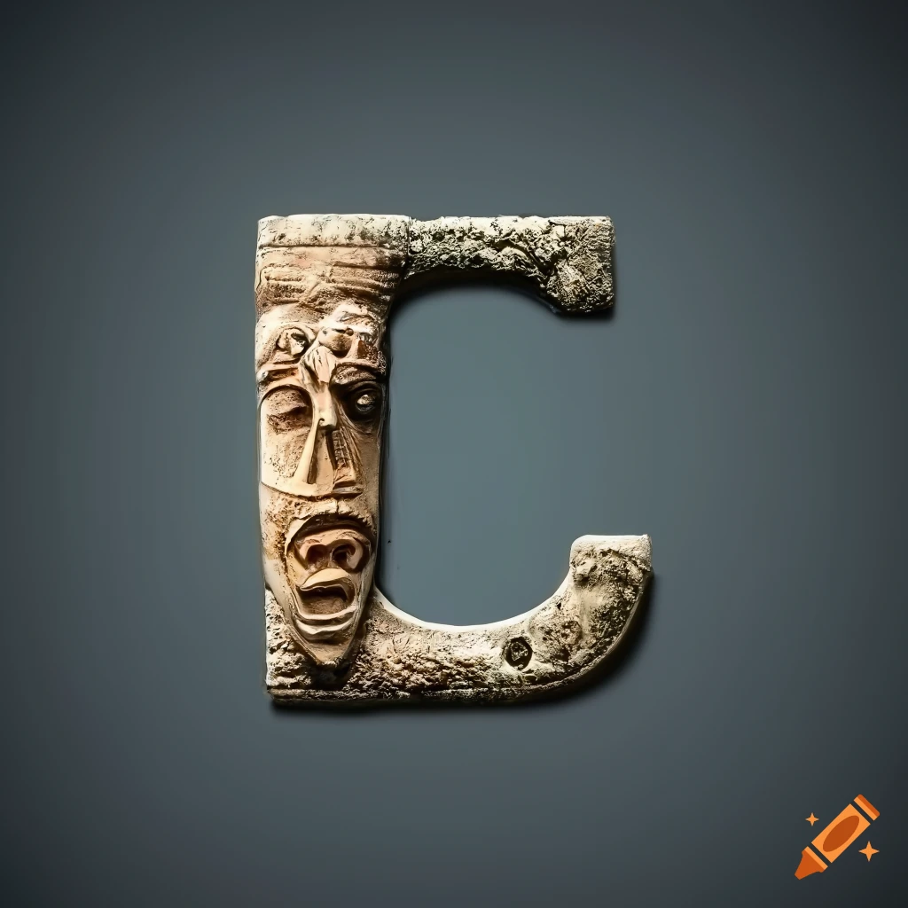 dramatic stone letter "M" with Etruscan masks