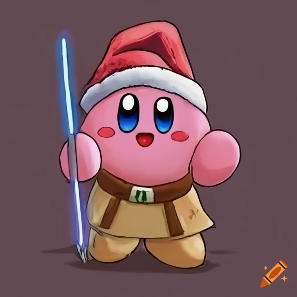 Kirby dressed as a Jedi with a Santa hat