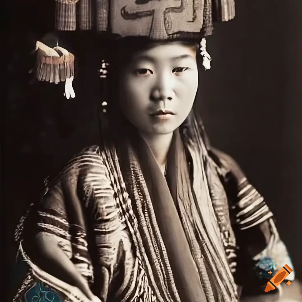 portrait of a young Ainu woman in traditional clothing