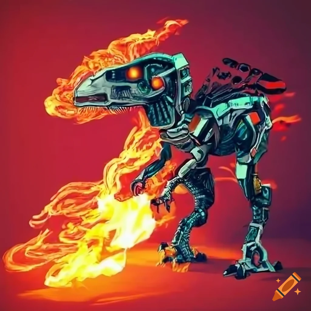 highly detailed robotic velociraptor with flame throwers