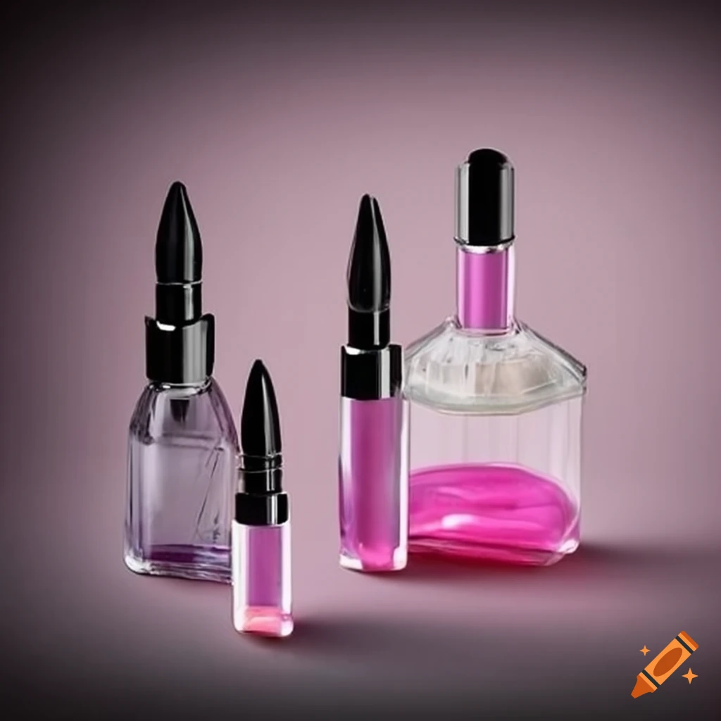 Cosmetic products displayed with a perfume bottle on Craiyon