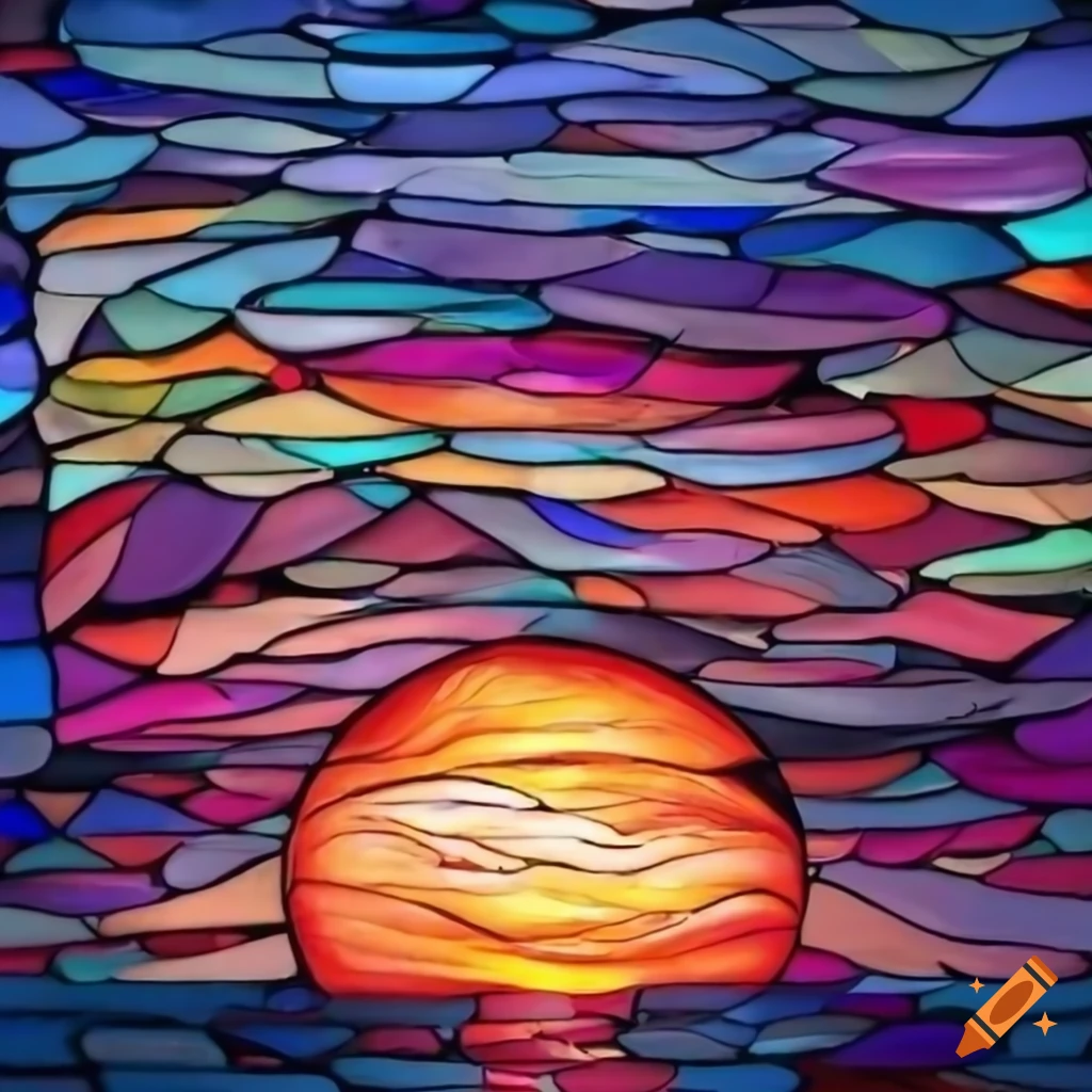 colorful stained glass depiction of a sunset