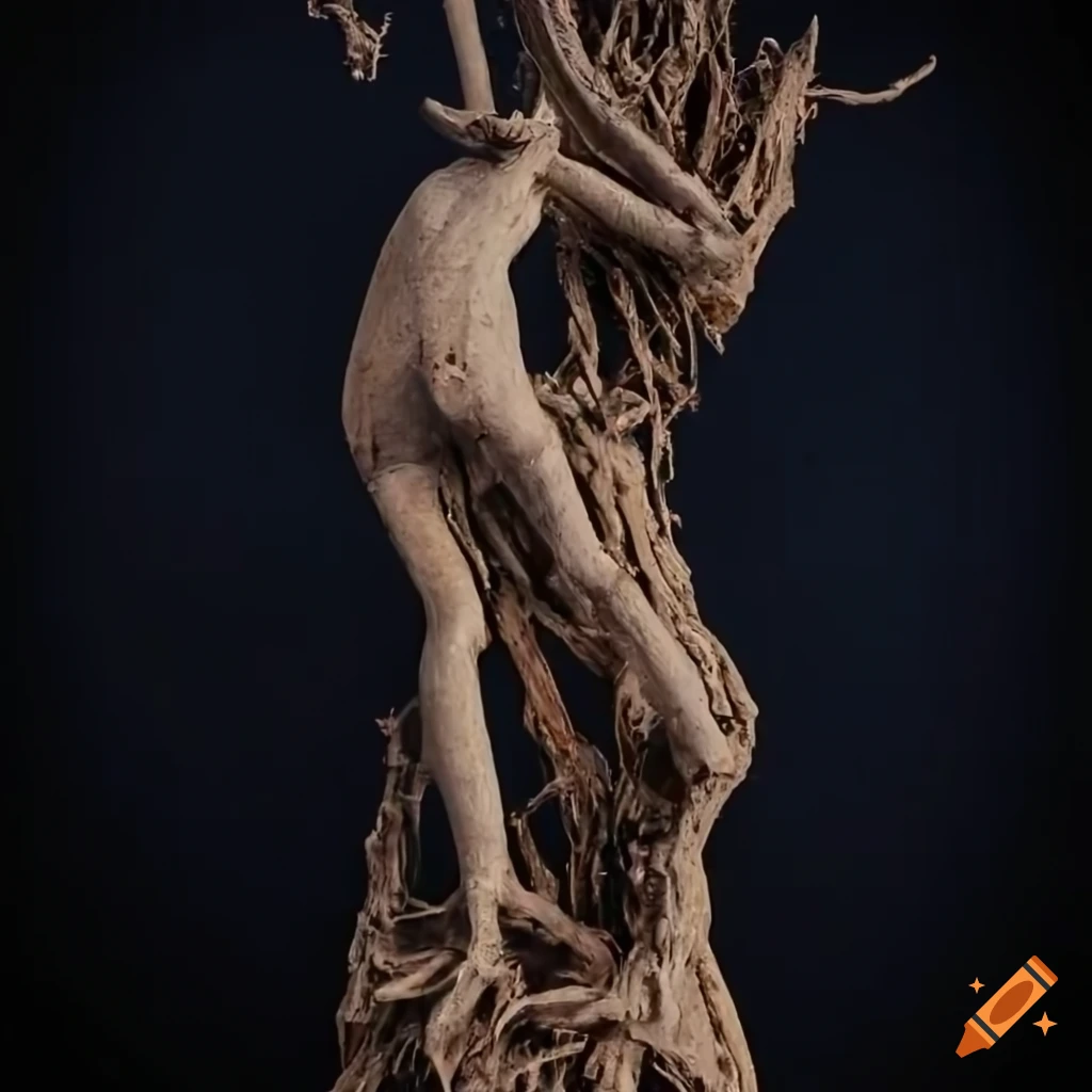 detailed sculpture of distorted figure in branch web