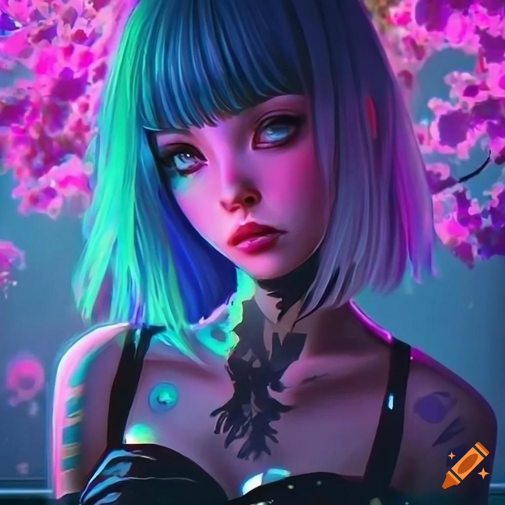 Realistic artwork of a futuristic cyberpunk girl with pastel hair