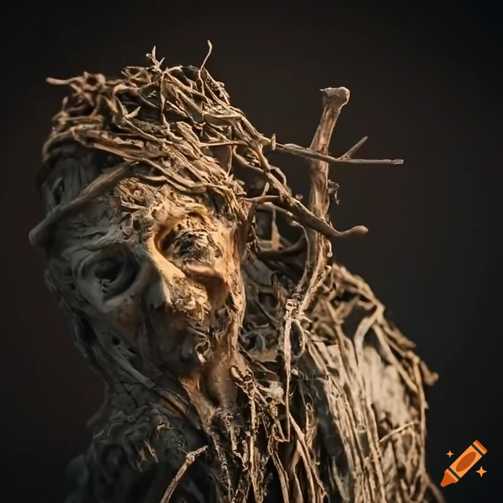 close-up of a sculpture made of branches in a destroyed landscape