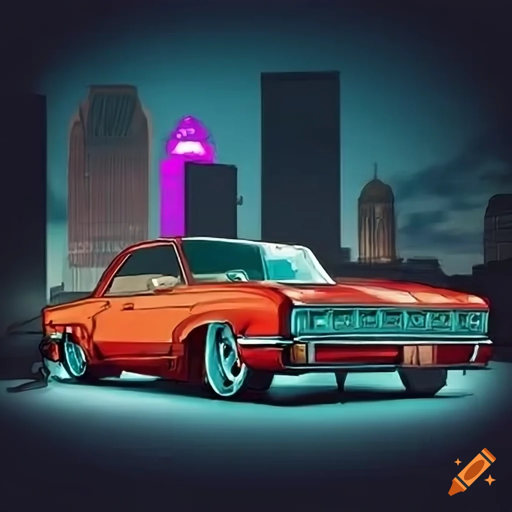 Artistic depiction of houston texas with a low rider car and weight lifter