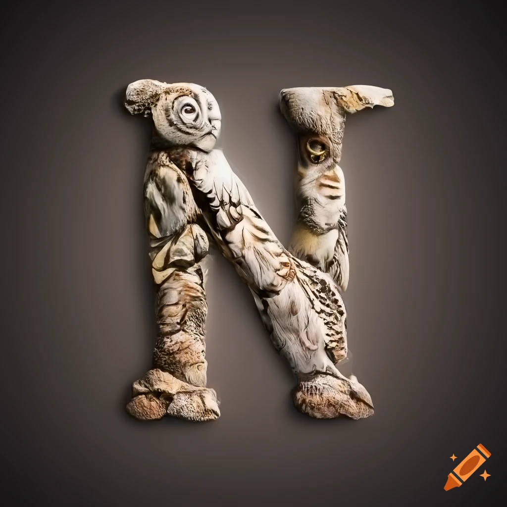 ultra-realistic stone letter "M" with engravings of owls