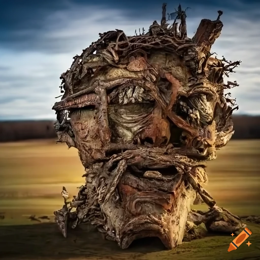 close-up of a distorted head sculpture made of toy branches