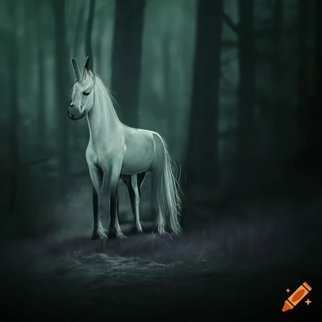 photorealistic unicorn in a dark forest