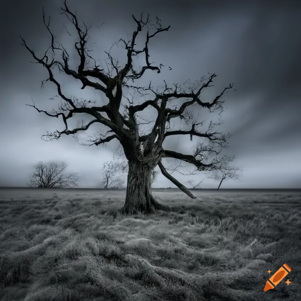 HDR photo of a dead oak tree against a dark sky