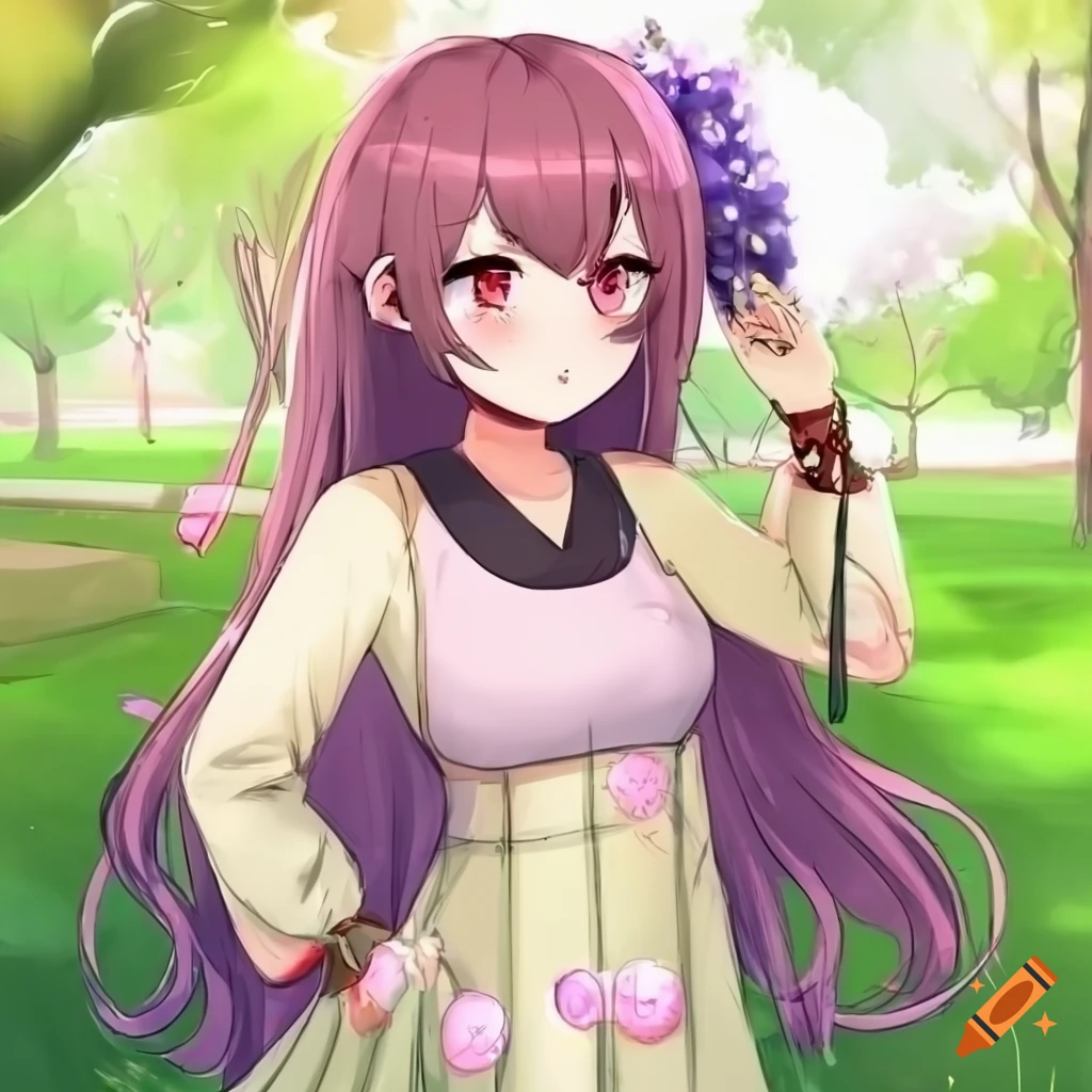 Anime character in spring attire at a park
