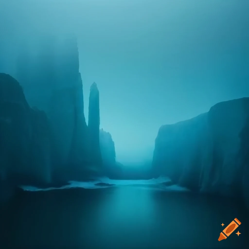 mysterious ruins in the misty glacial ocean