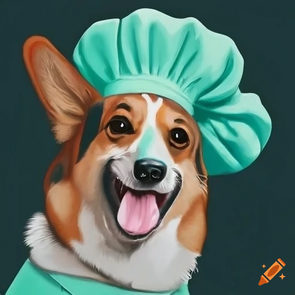 hyper realistic portrait drawing of a corgi with a chef's hat