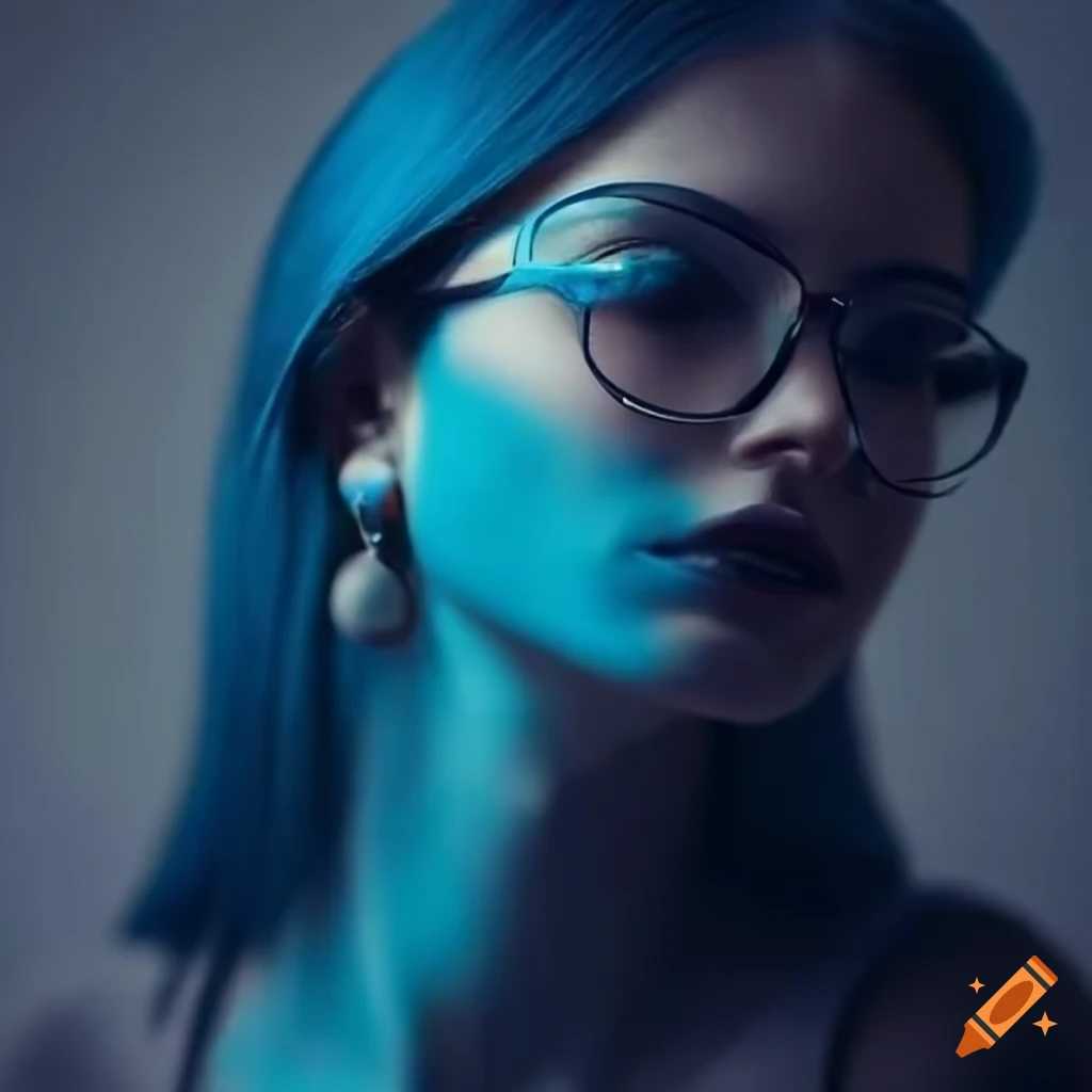 fashionable woman with indigo hair and trendy glasses