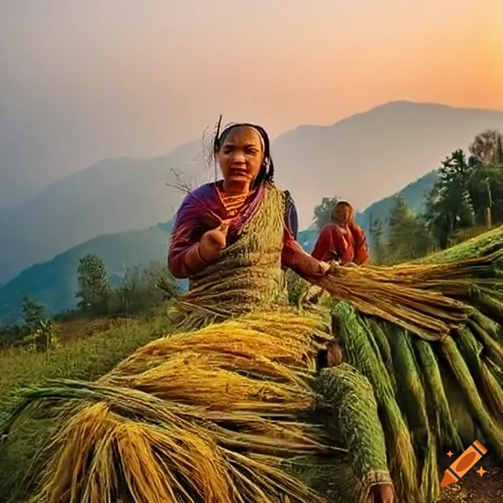 harvesting in a Nepali village