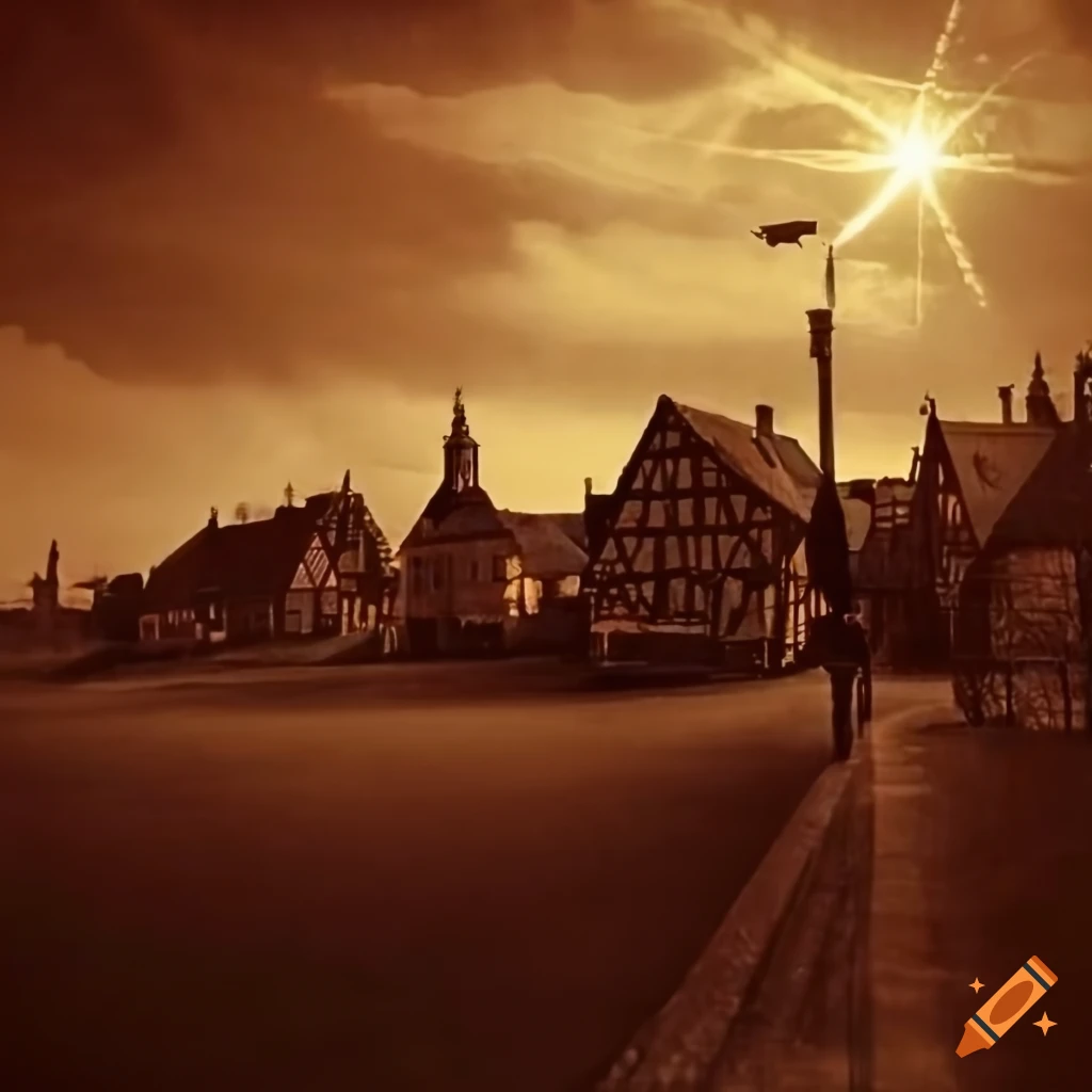 1926 sunrise over a German village in sepia tone