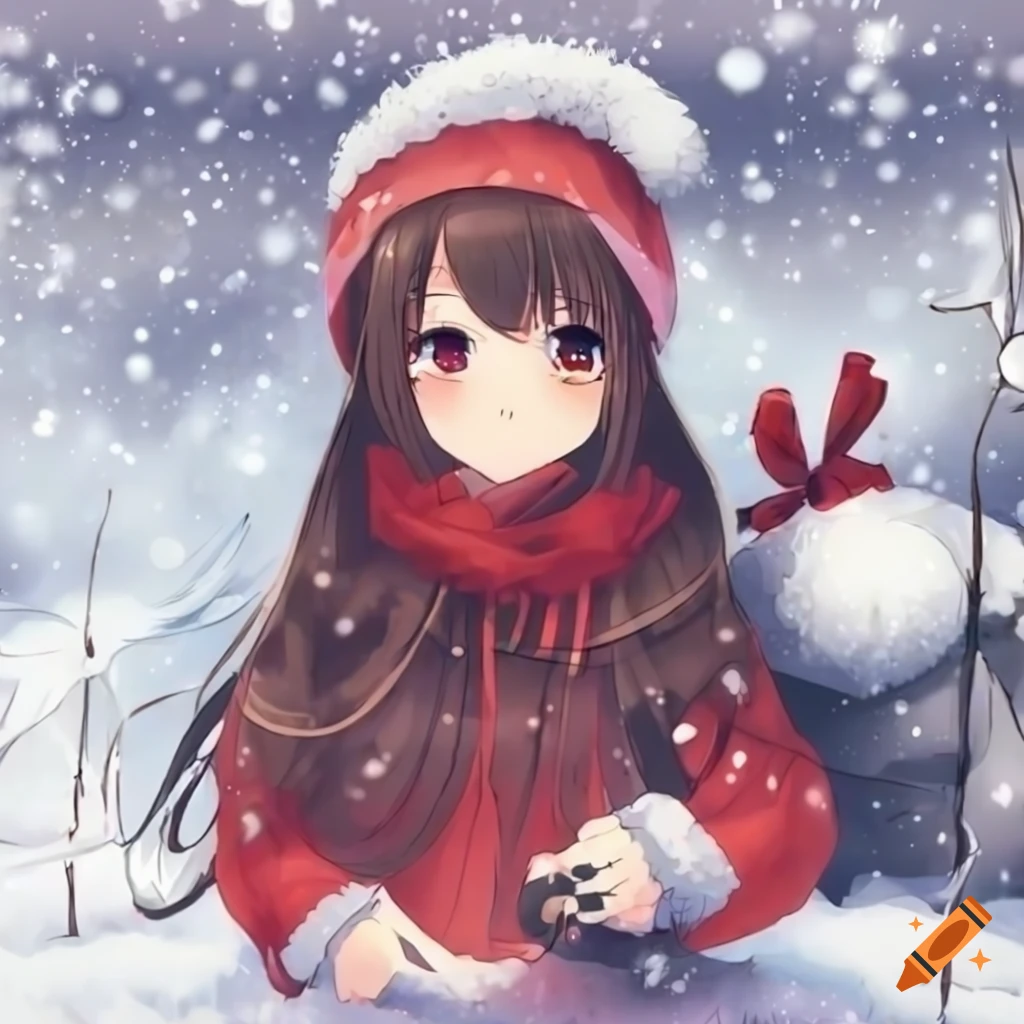 Cute anime girl with dark and brown hair in snowy background on Craiyon