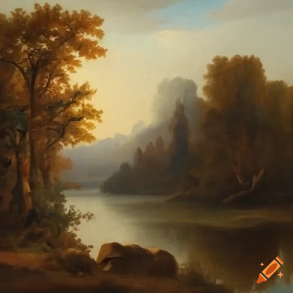 Chinese river landscape with tall hills in the background, romanticist ...