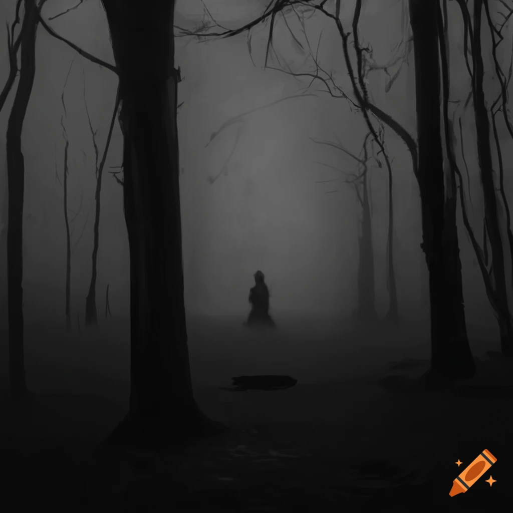 Haunted figure emerging from dense forest in eerie fog on Craiyon