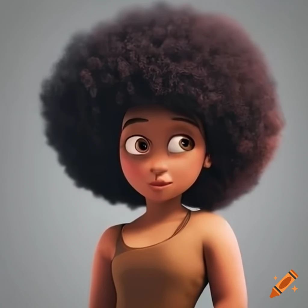 Disney Pixar 3D image of a curvy girl with Afro hair