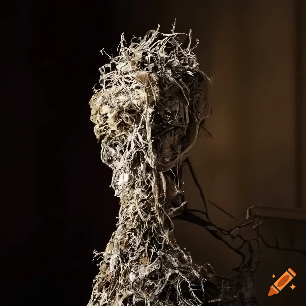 close-up of a distorted figure caught in a web sculpture