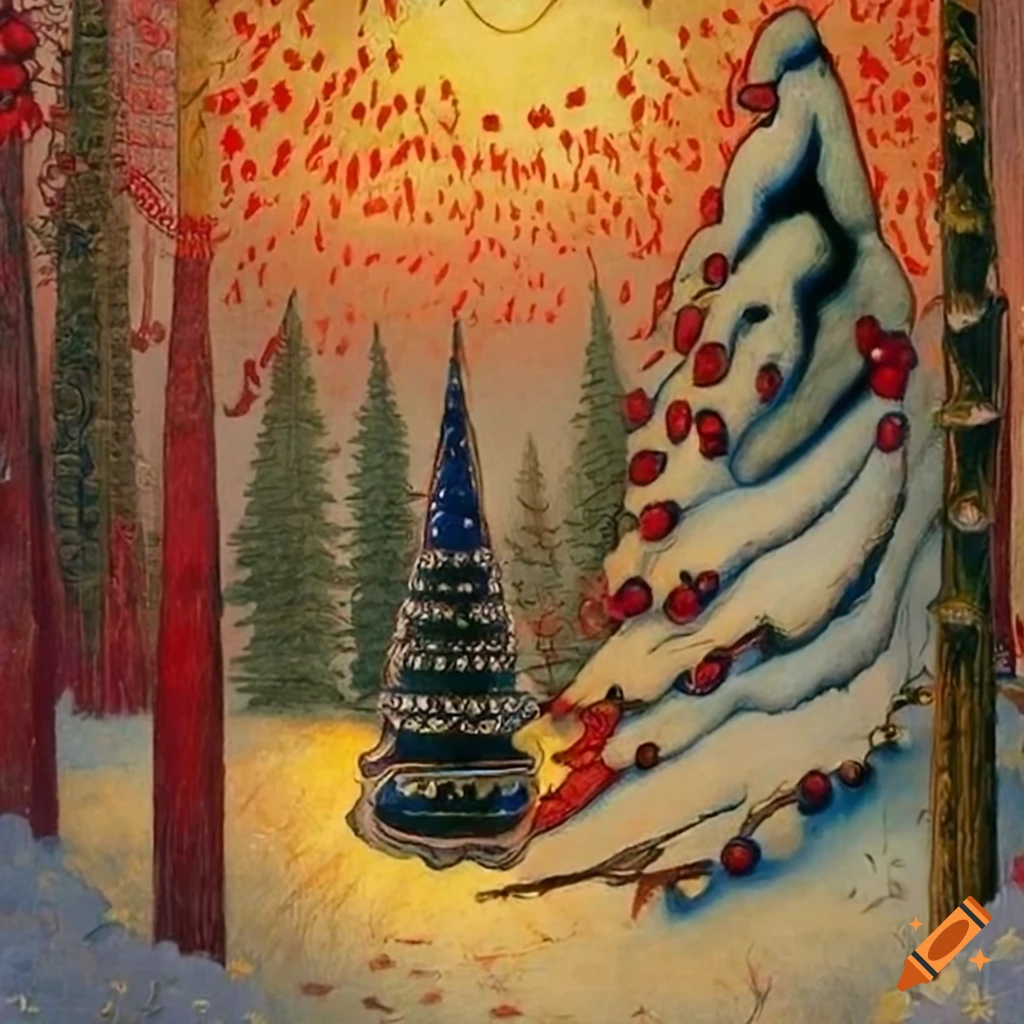detailed oil painting of a festive Christmas forest scene