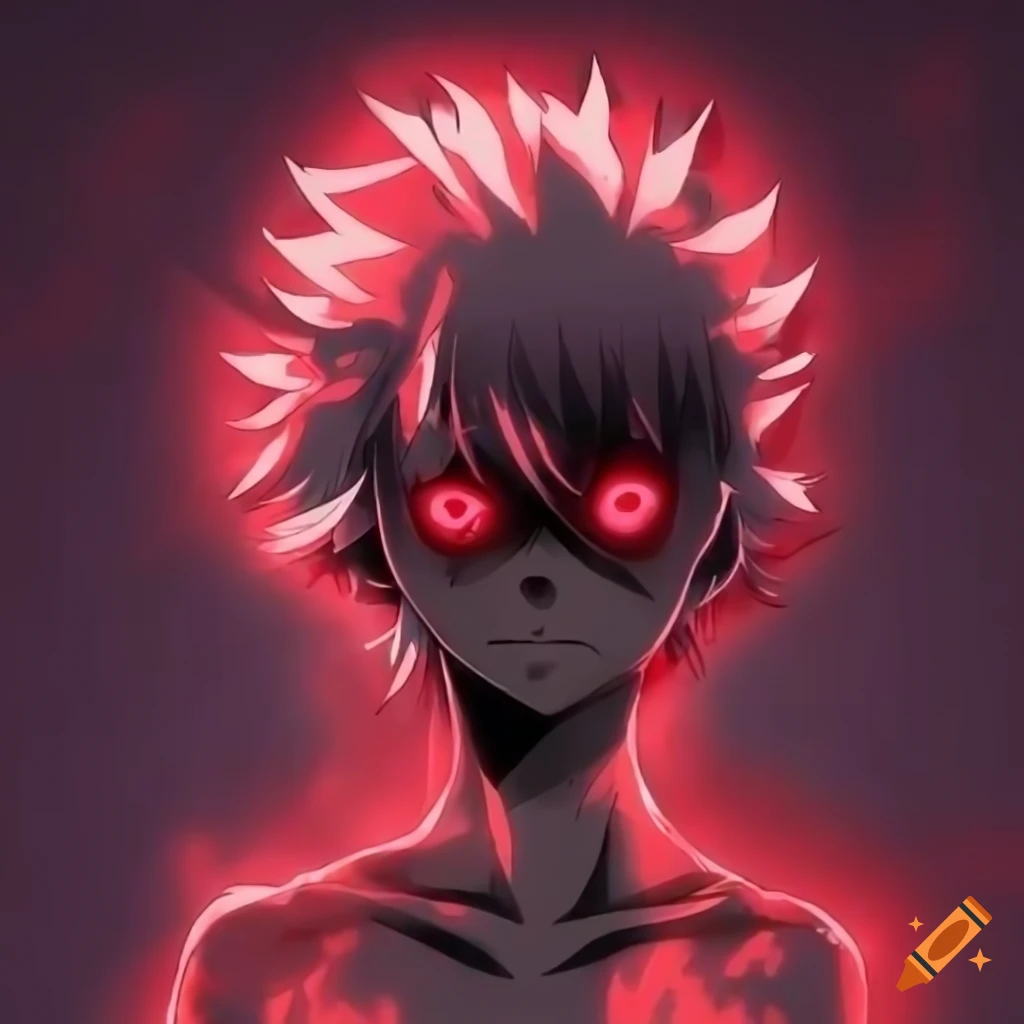 Dark anime character with glowing eyes in fiery surroundings