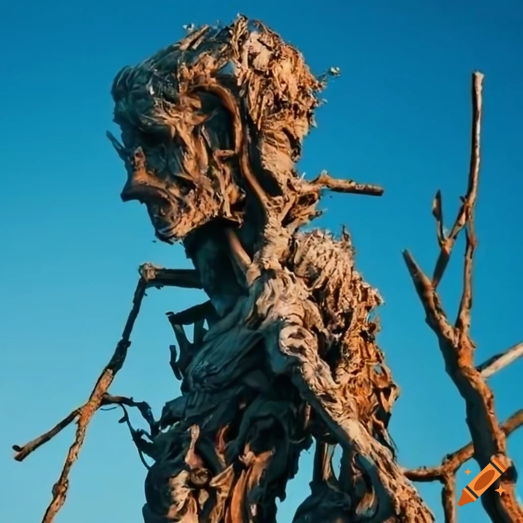 dramatic sculpture made of branches in a destroyed landscape