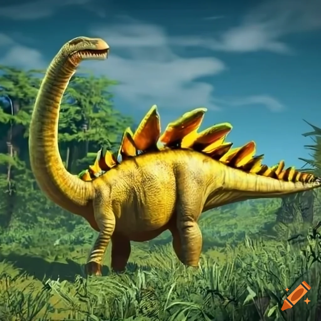 Sunny vegetation hiding a yellow stegosaurus