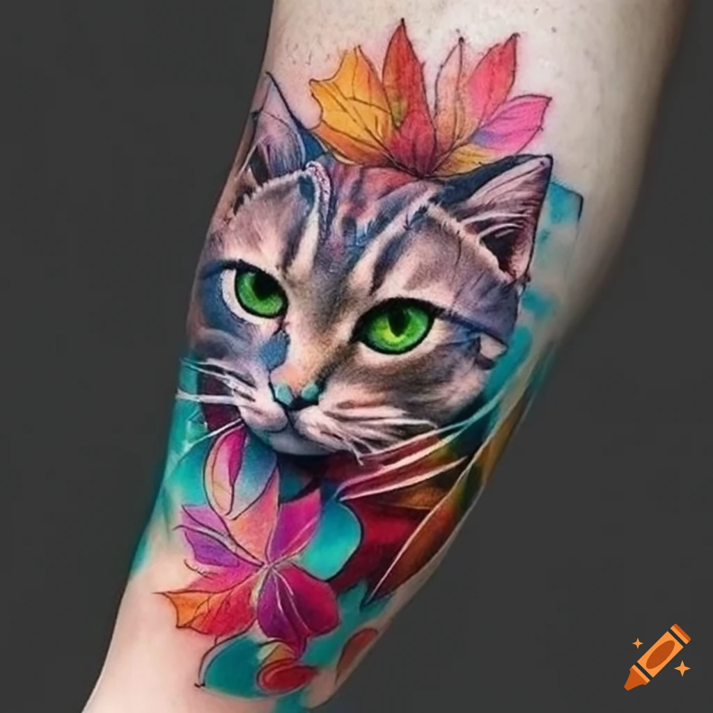Colorful tattoo sleeve with cat and leaves