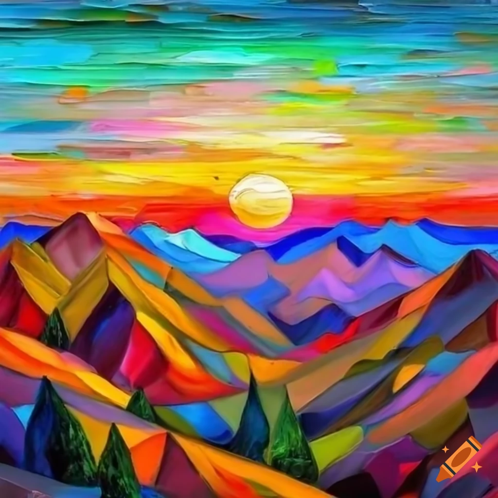 Stained glass art with vibrant sunset and mountains