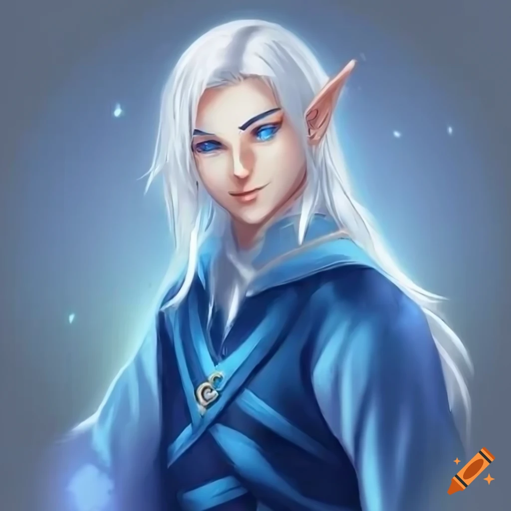 portrait of a young male elf with blue eyes and long white hair