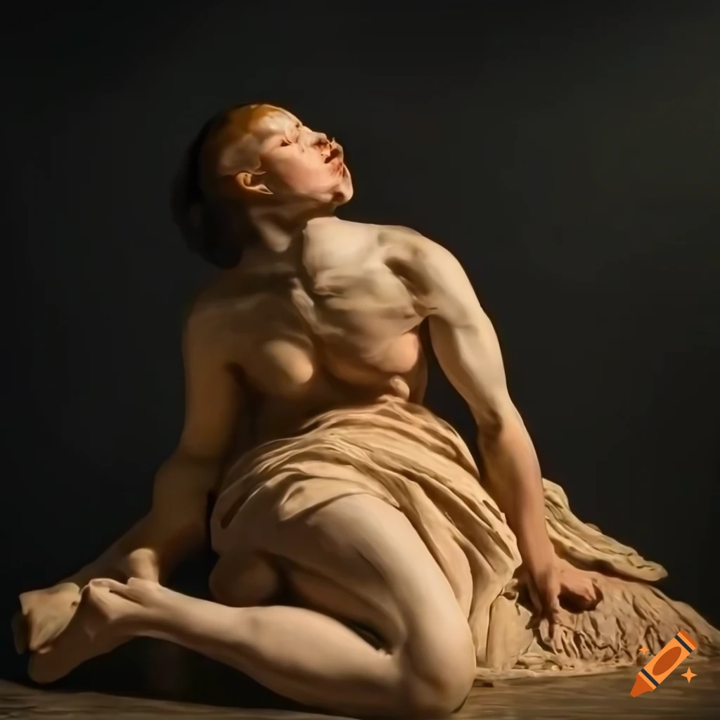 old masters painting of a crawling figure turned into a sculpture