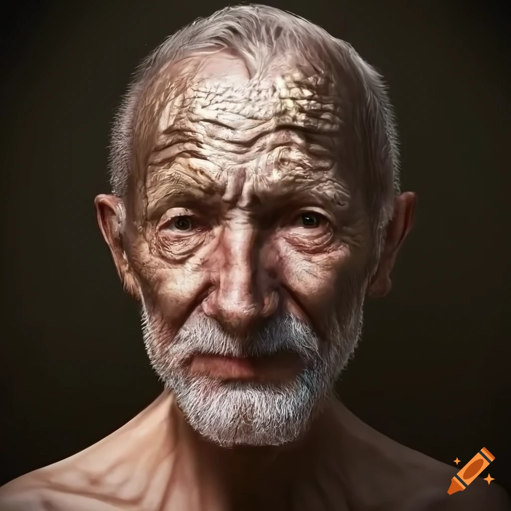 golden-plated old man in intense lighting
