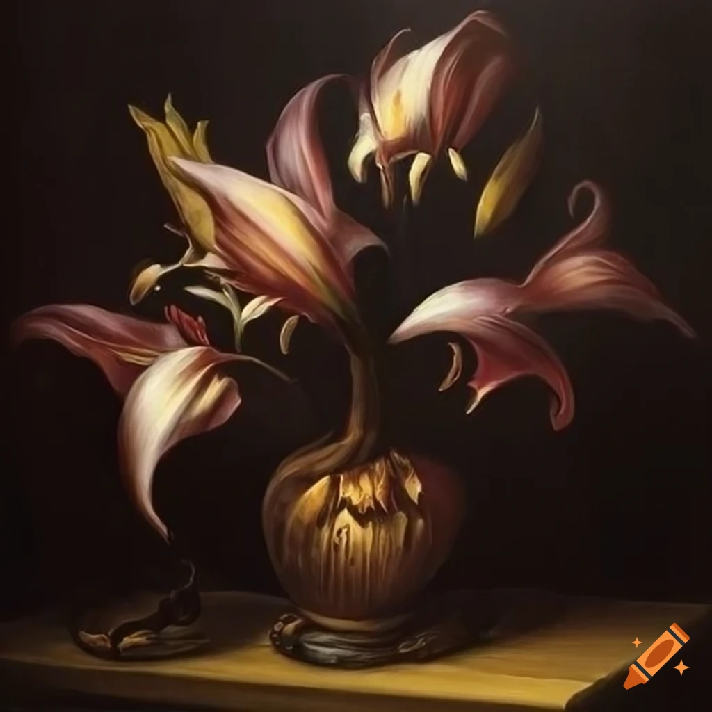Baroque oil painting of dark lilies on Craiyon
