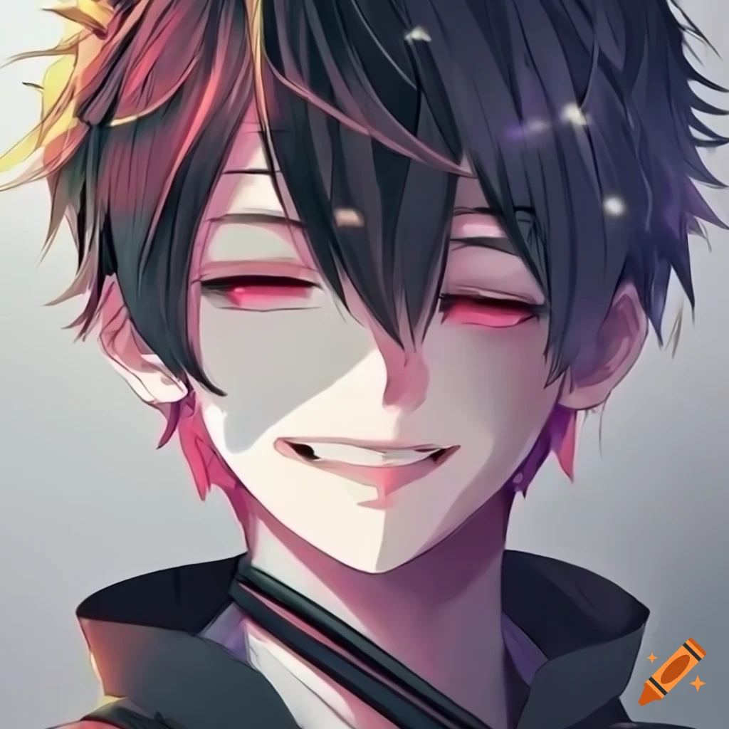 smiling anime boy with black hair and crown