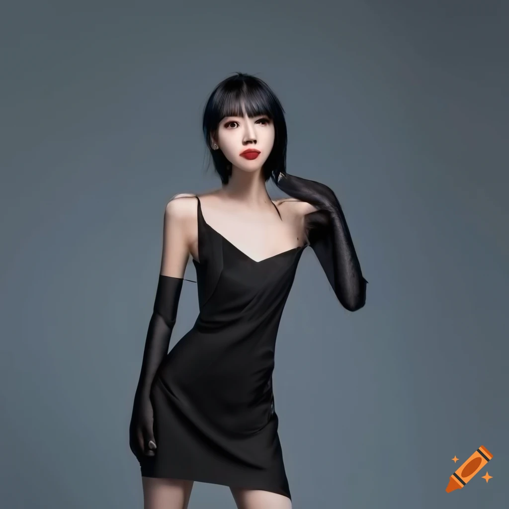 Portrait of a young korean woman in black slip dress and long