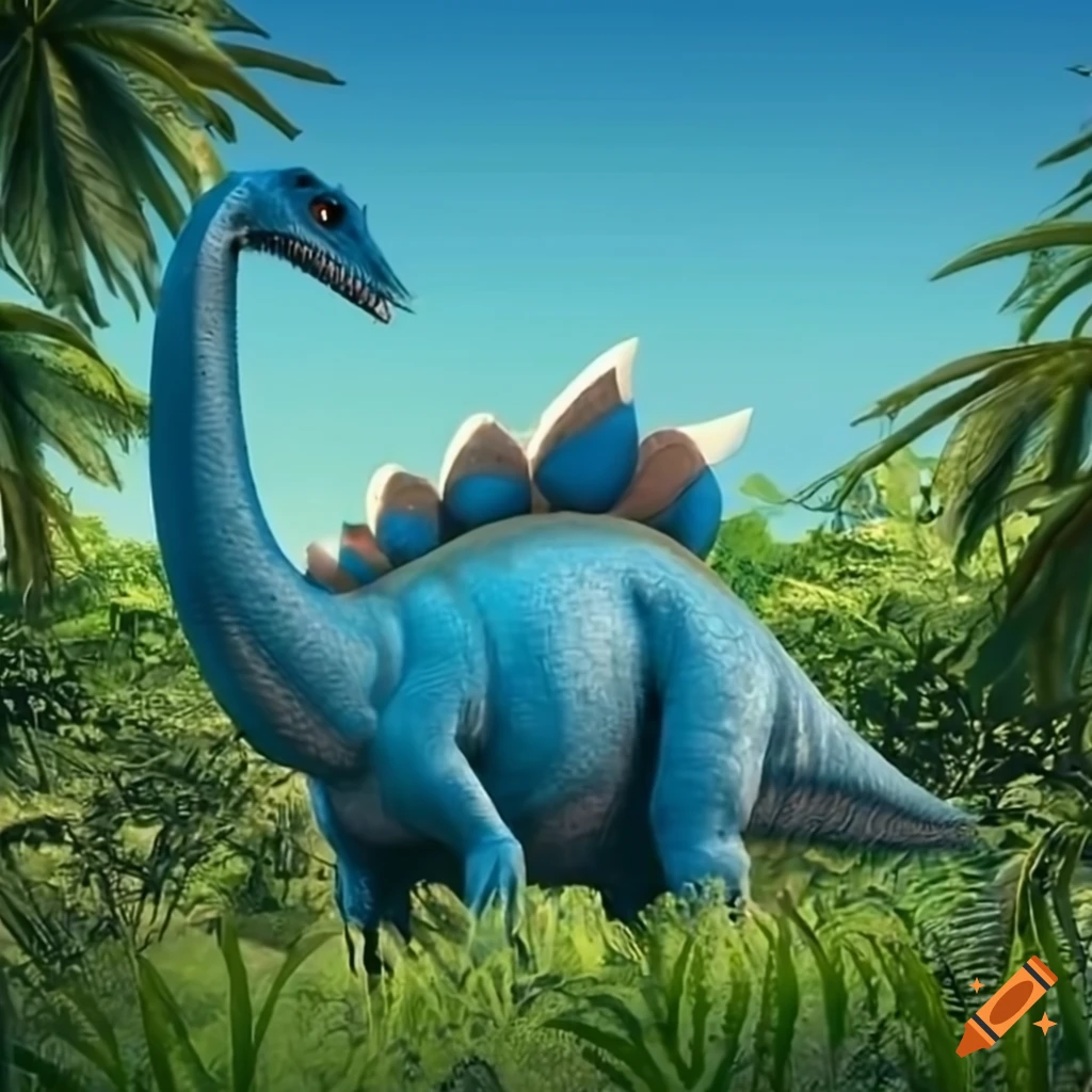 sunny scenery with a large blue stegosaurus