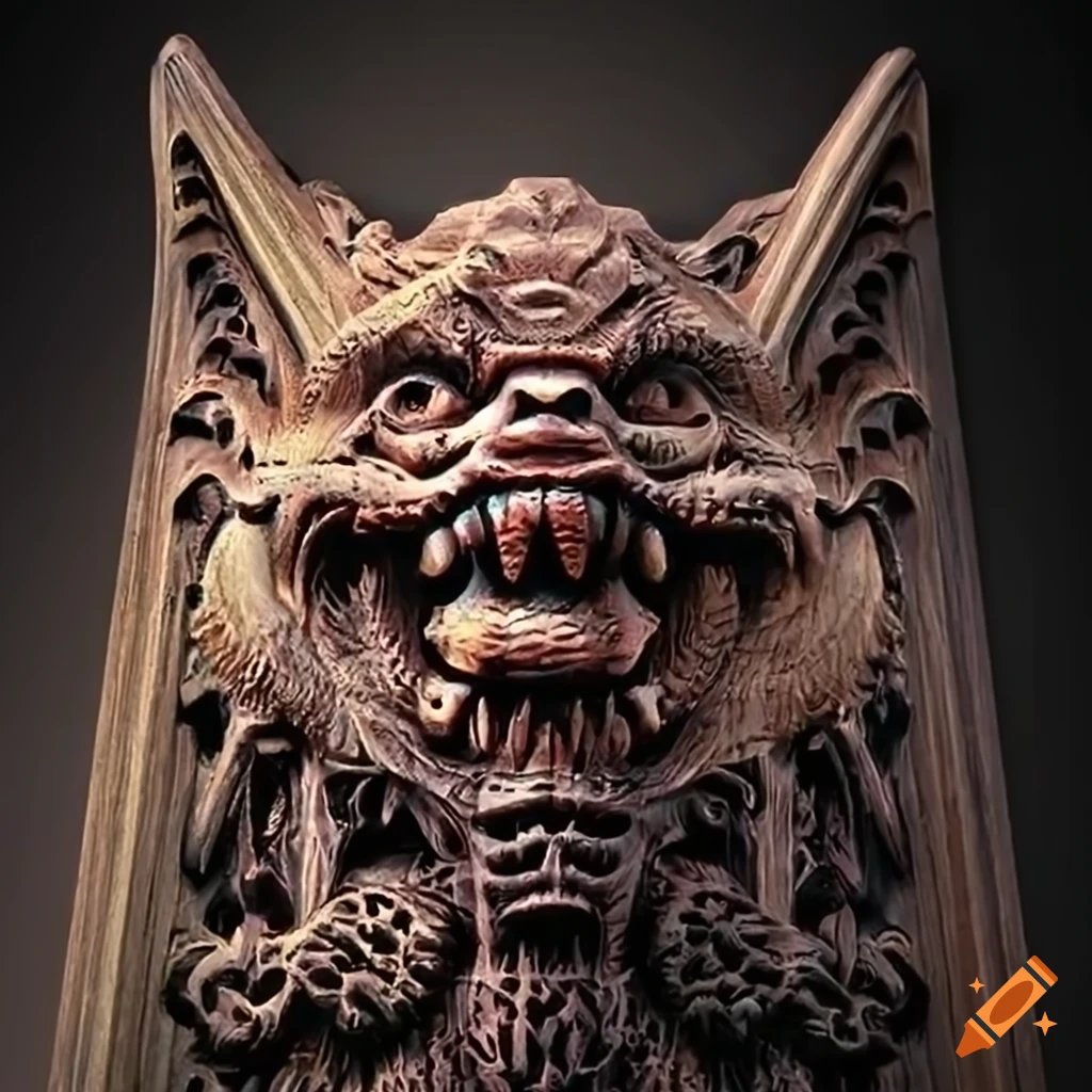 stunning architectural wood carving with werewolf motif