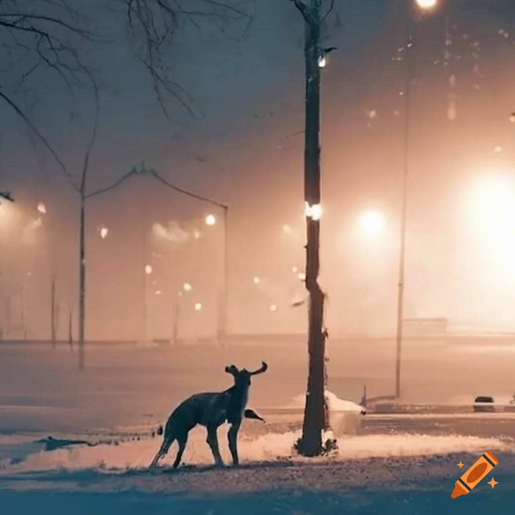 snowfall in the city with drifting smoke