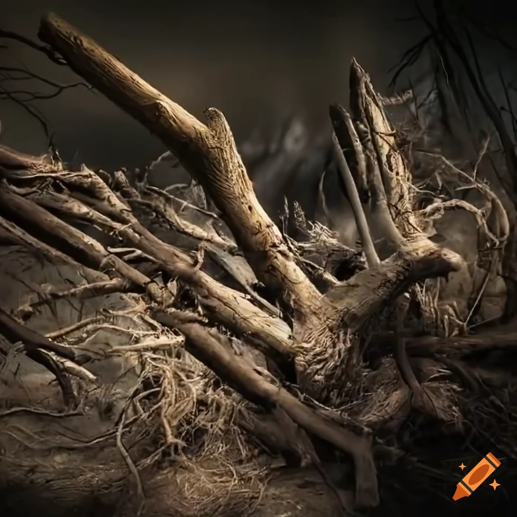 surreal artwork of a chaotic pile of branches