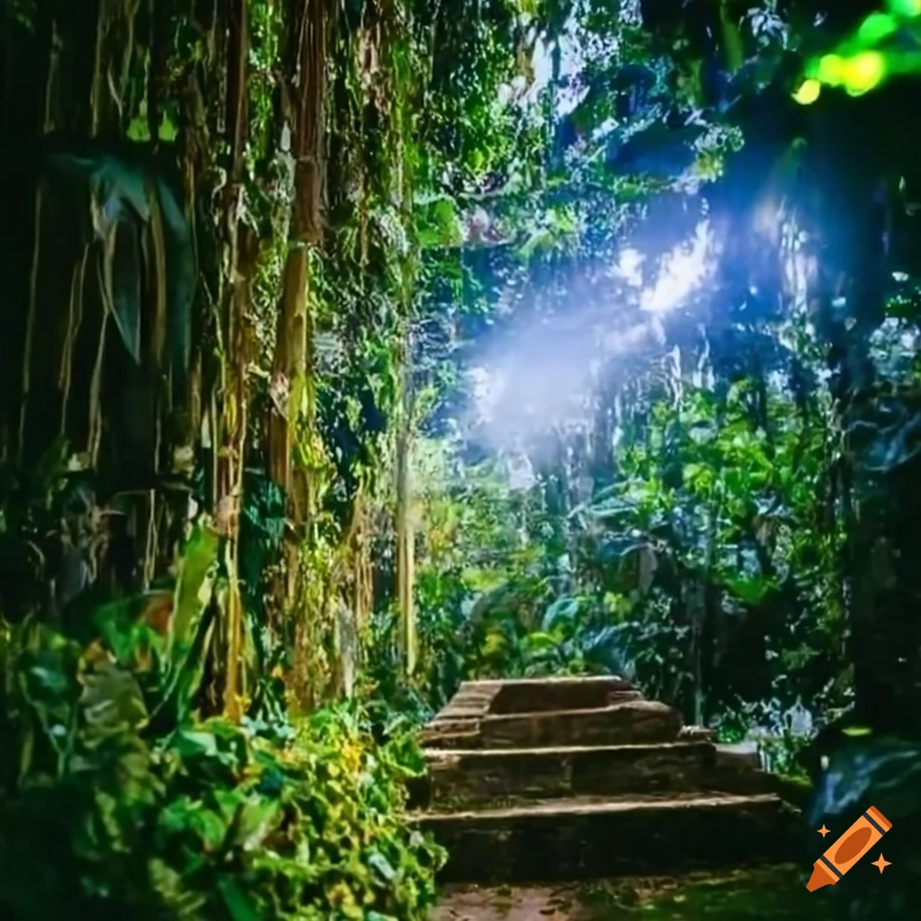 inside view of a golden Mayan temple in the jungle